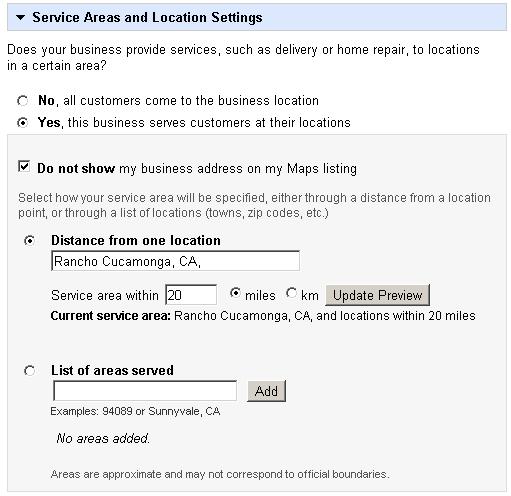 Google Places Areas Served