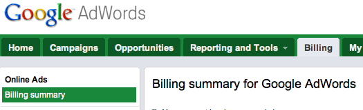 AdWords Billing Tab Screenshot