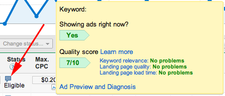 Google AdWords Diagnose Hover