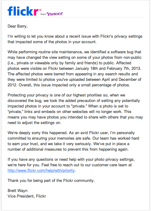Flickr Privacy Breach Email