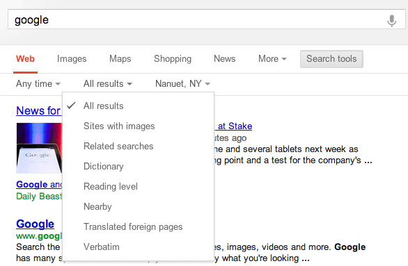 Google Top Navigation Search Tools