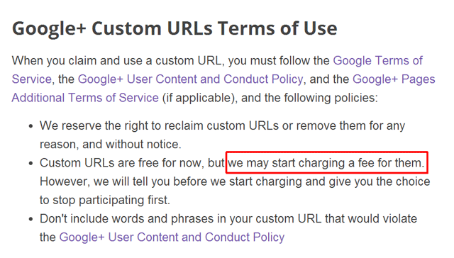 Google+ Custom URLs Fees