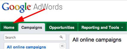Google AdWords Home Button
