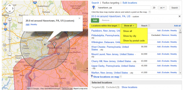 Google AdWords Location Targeting Exclusion Mapping - click for full size