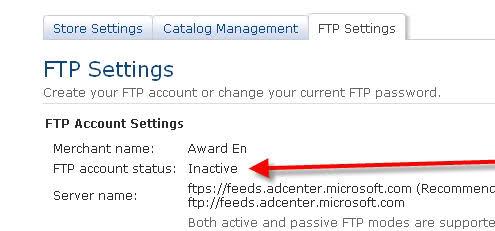 Bing Shopping Inactive FTP Account