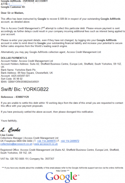 Google Debt Collection Notice