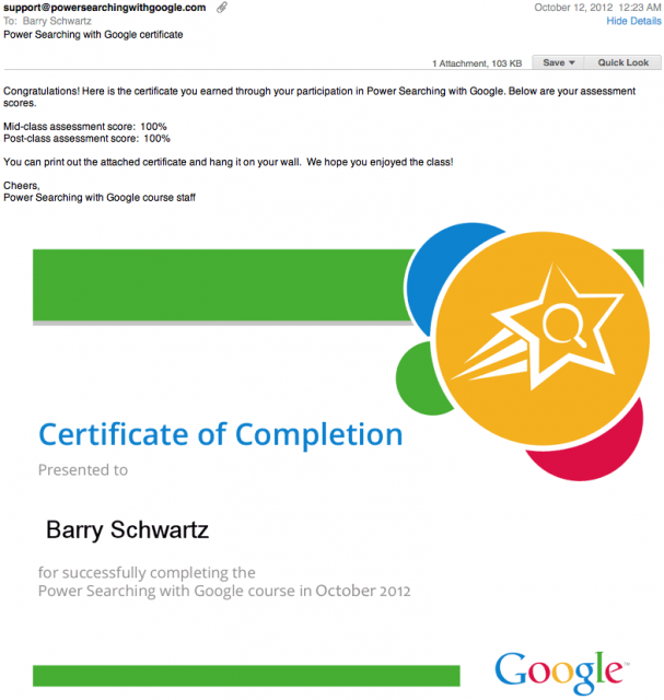 Google Power Searching Certificates - click for full size