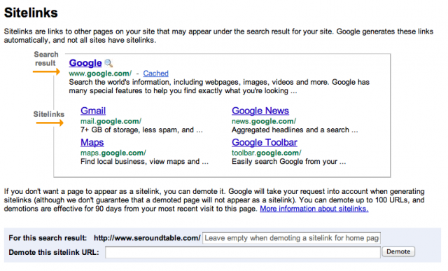 New Google Sitelinks in Webmaster Tools - Click to Enlarge