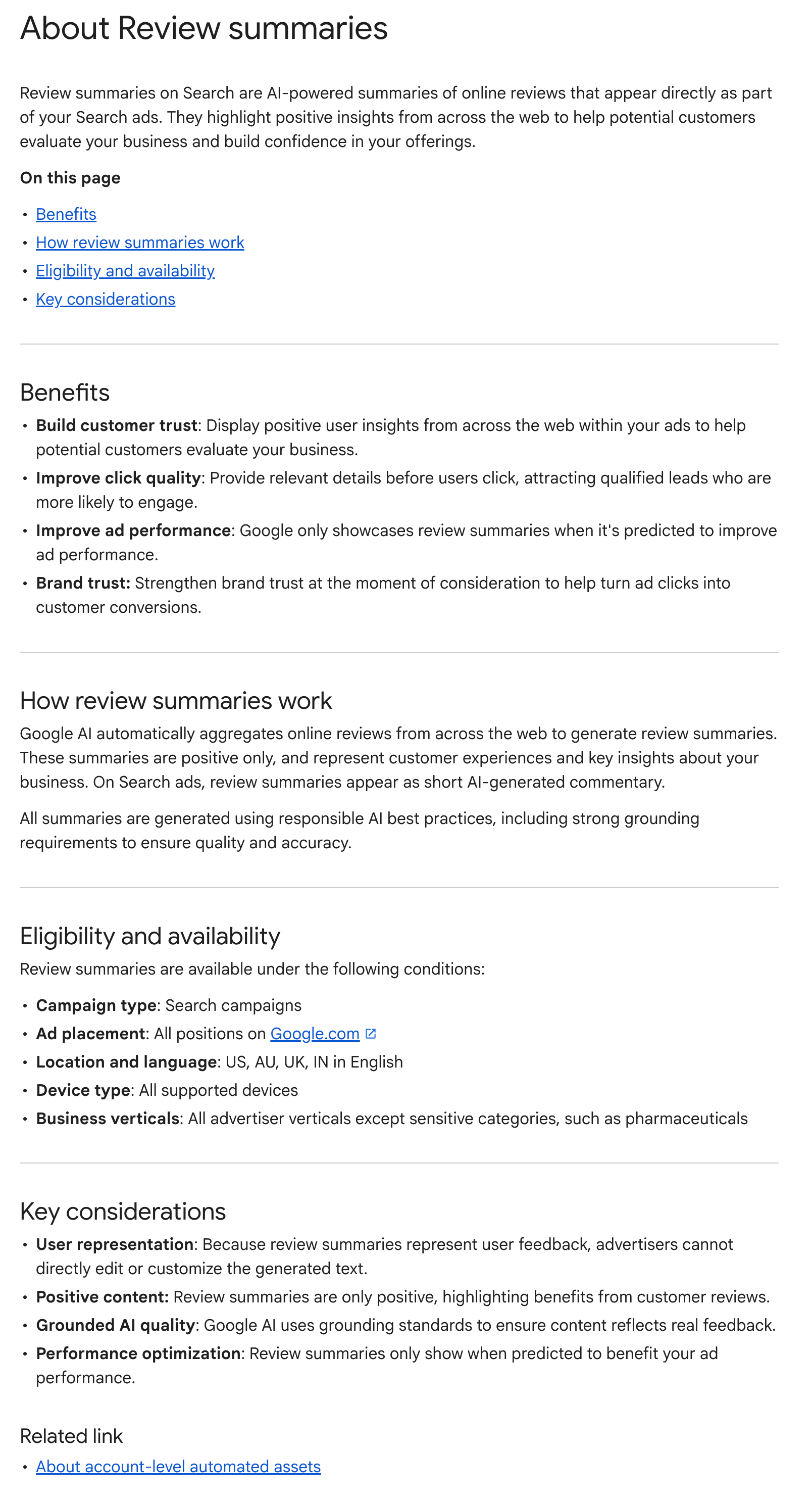 About Review Summaries Google Ads Doc