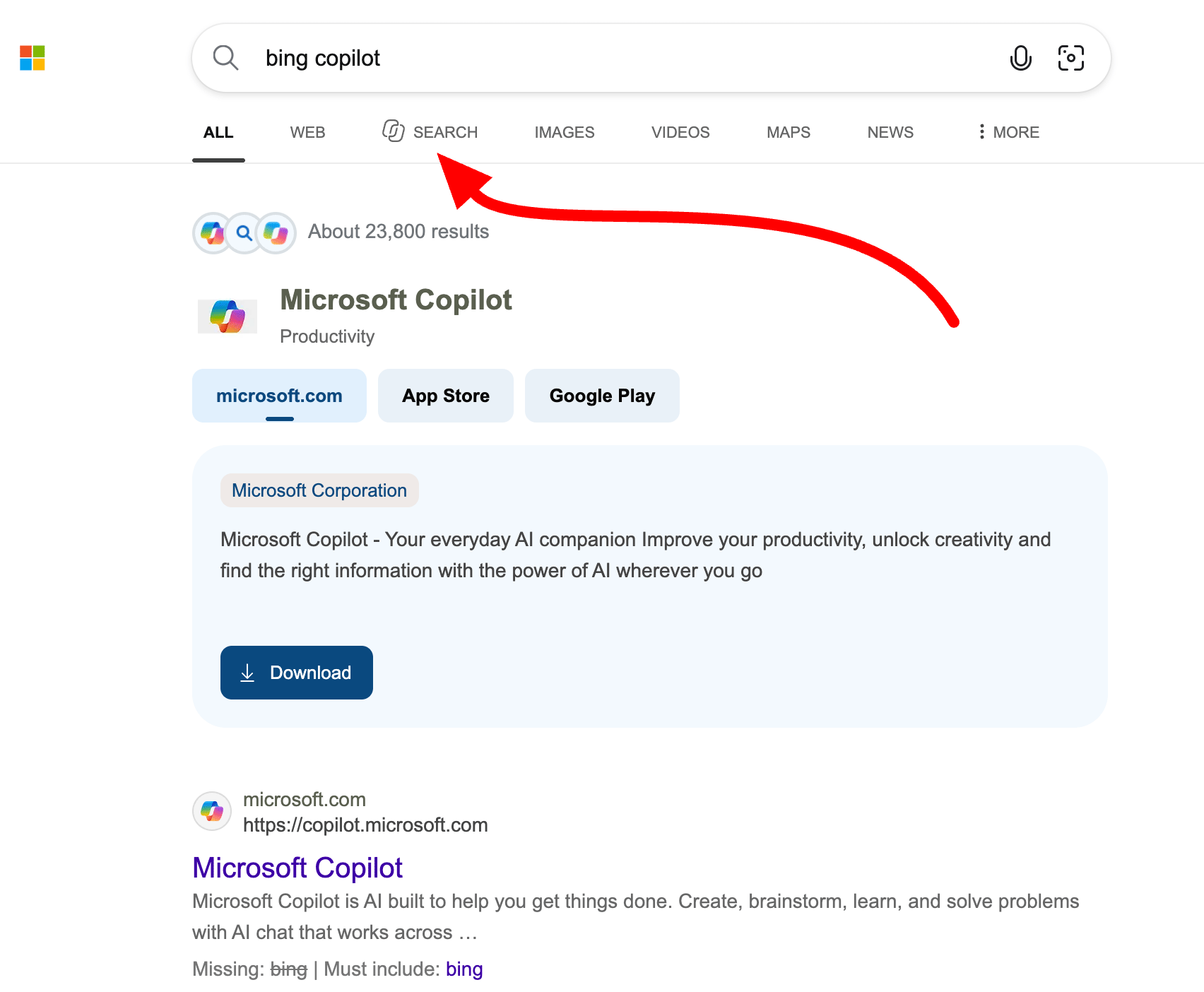 Bing Copilot Search Tab