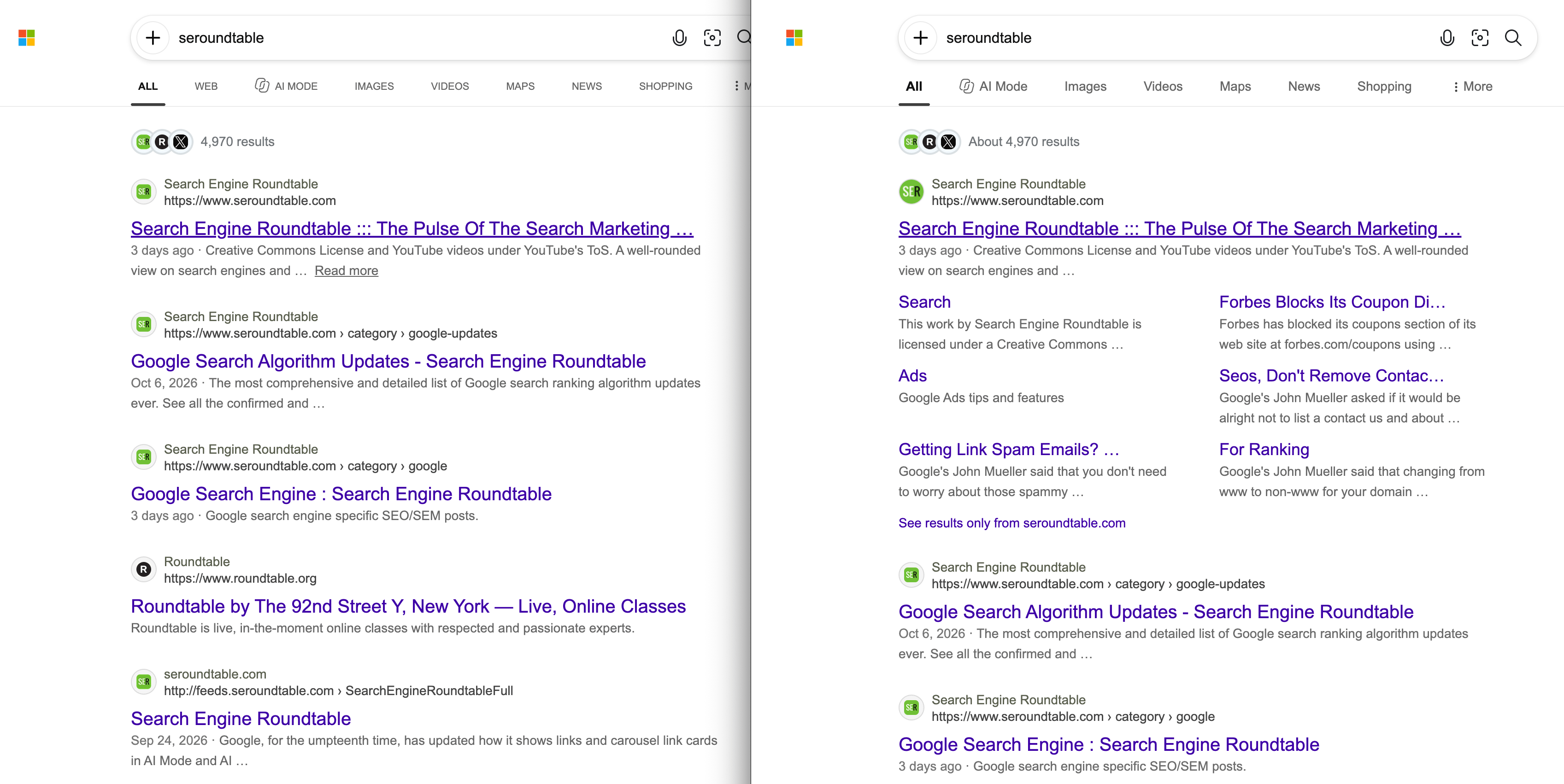 Bing No Sitelinks Comparison