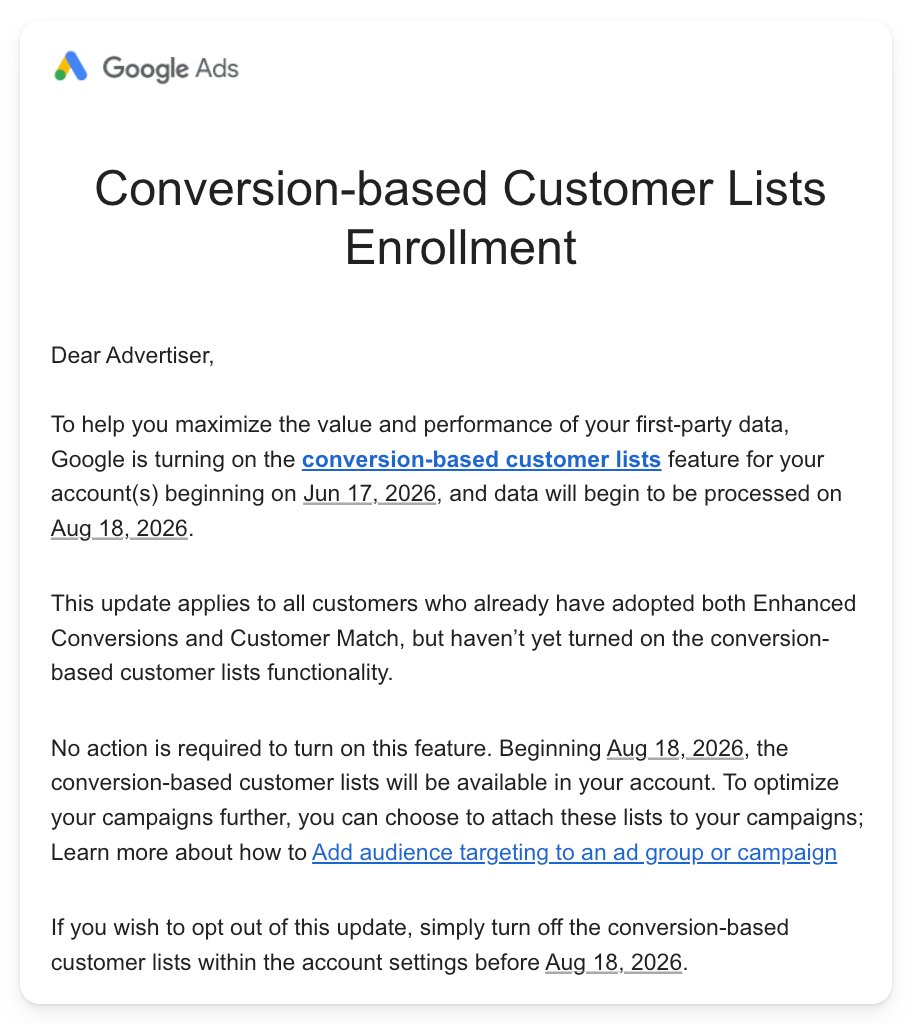 Google Ads Conversion Based Customer Lists Email