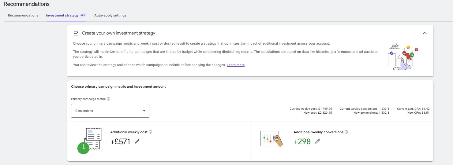 Google Ads Investment Strategy Tab