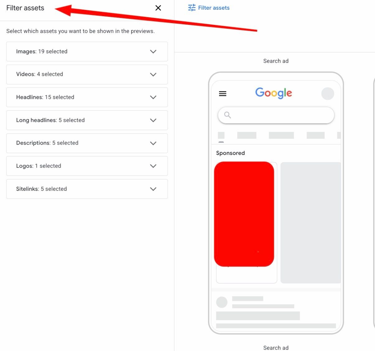 Google Ads Previews Filter Assets