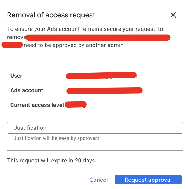 Google Ads Request Removal Justification