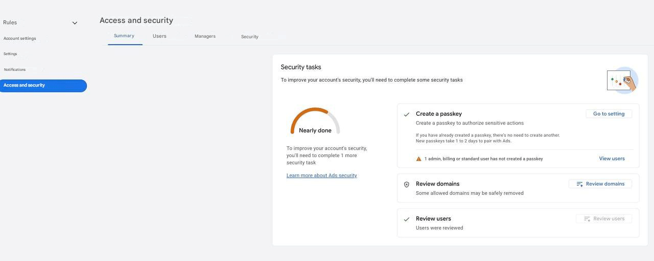 Google Ads Security Summary Tab