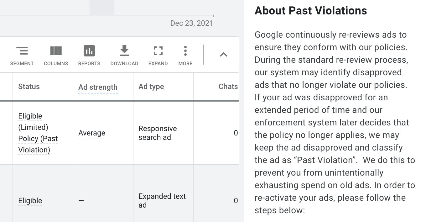 Google Ads Status Past Violations 1640524895