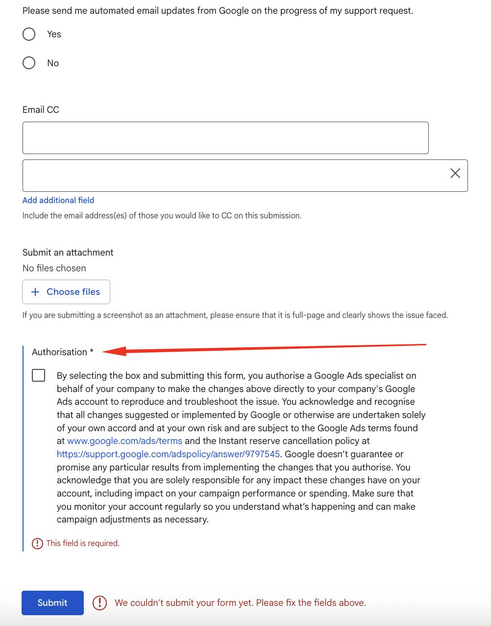 Google Ads Support Form Authorization