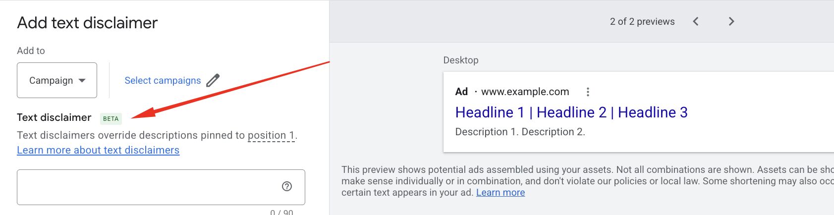 Google Ads Text Disclaimers