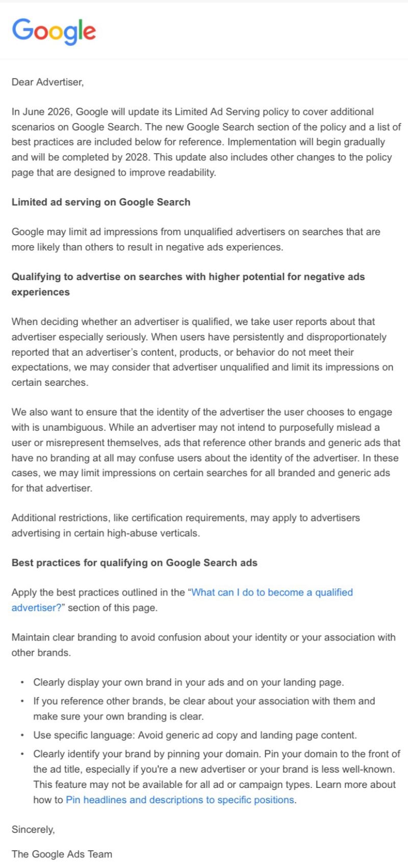Google Ads Unqualified Advertisers Email