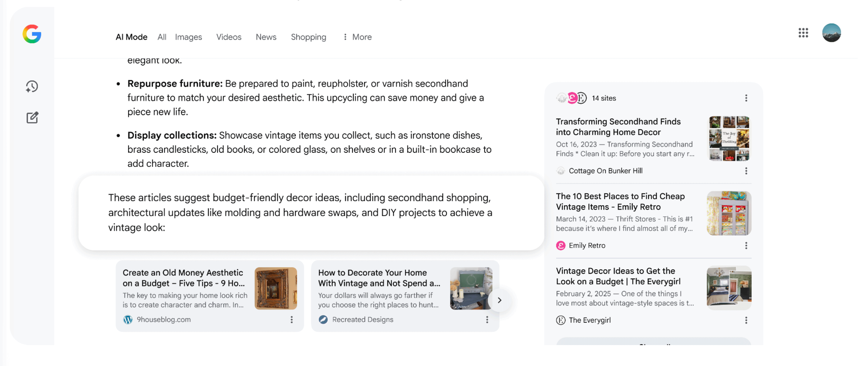 Tarjetas de enlace del modo Google Ai