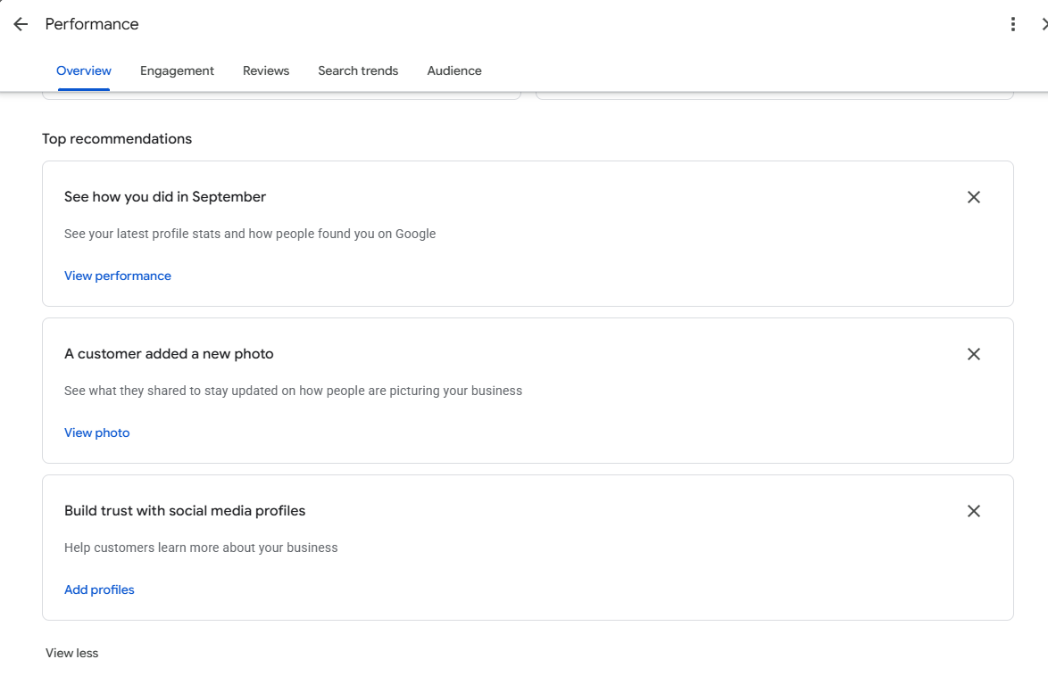 Google Business Profiles Performance Report New Overview Rec