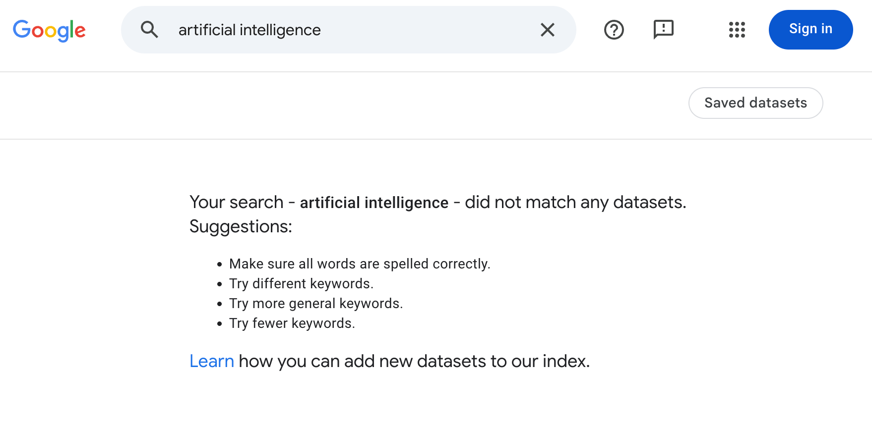 Google Datatset Search No Matches