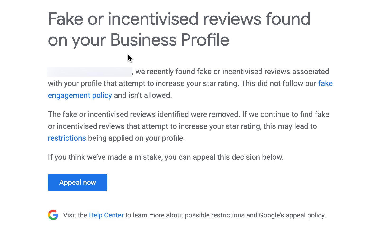 Google Fake Or Incentivised Reviews Found On Your Business Profile