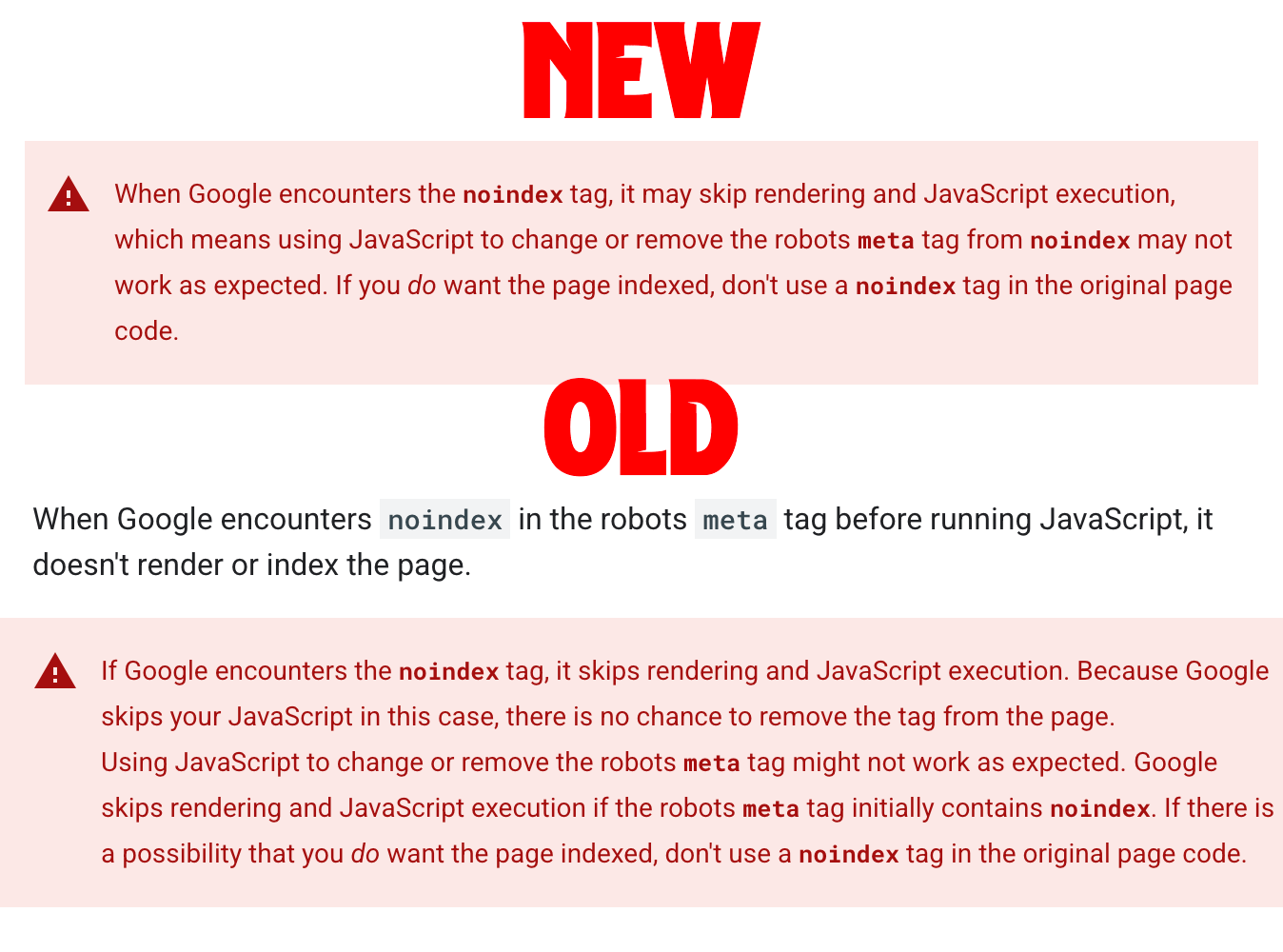Google Javascript No Index Docs Change