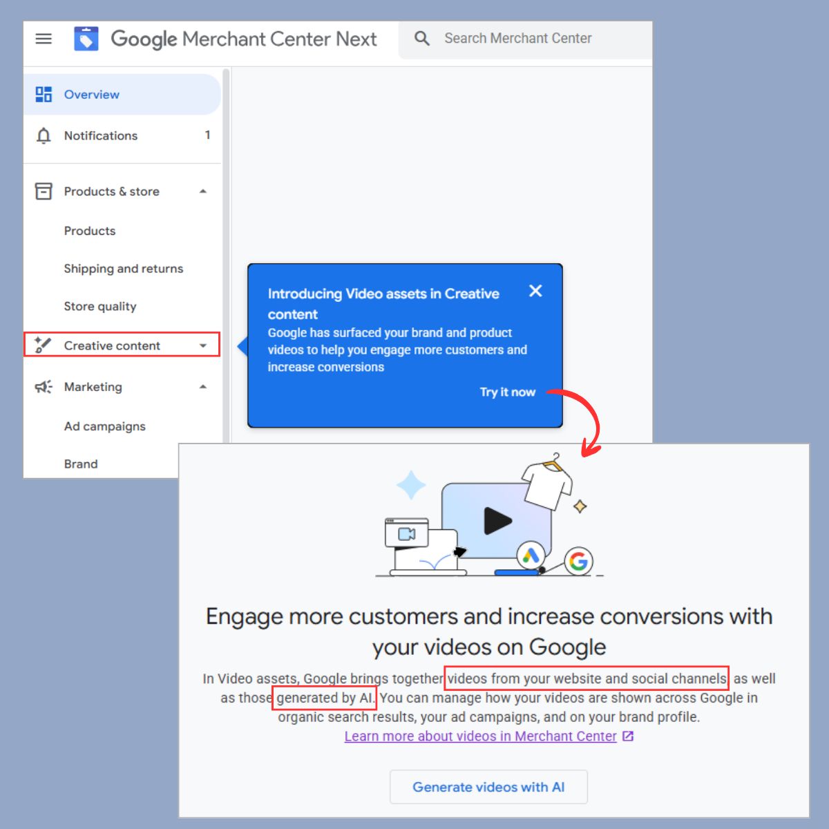 Google Merchant Center Creative Content Section