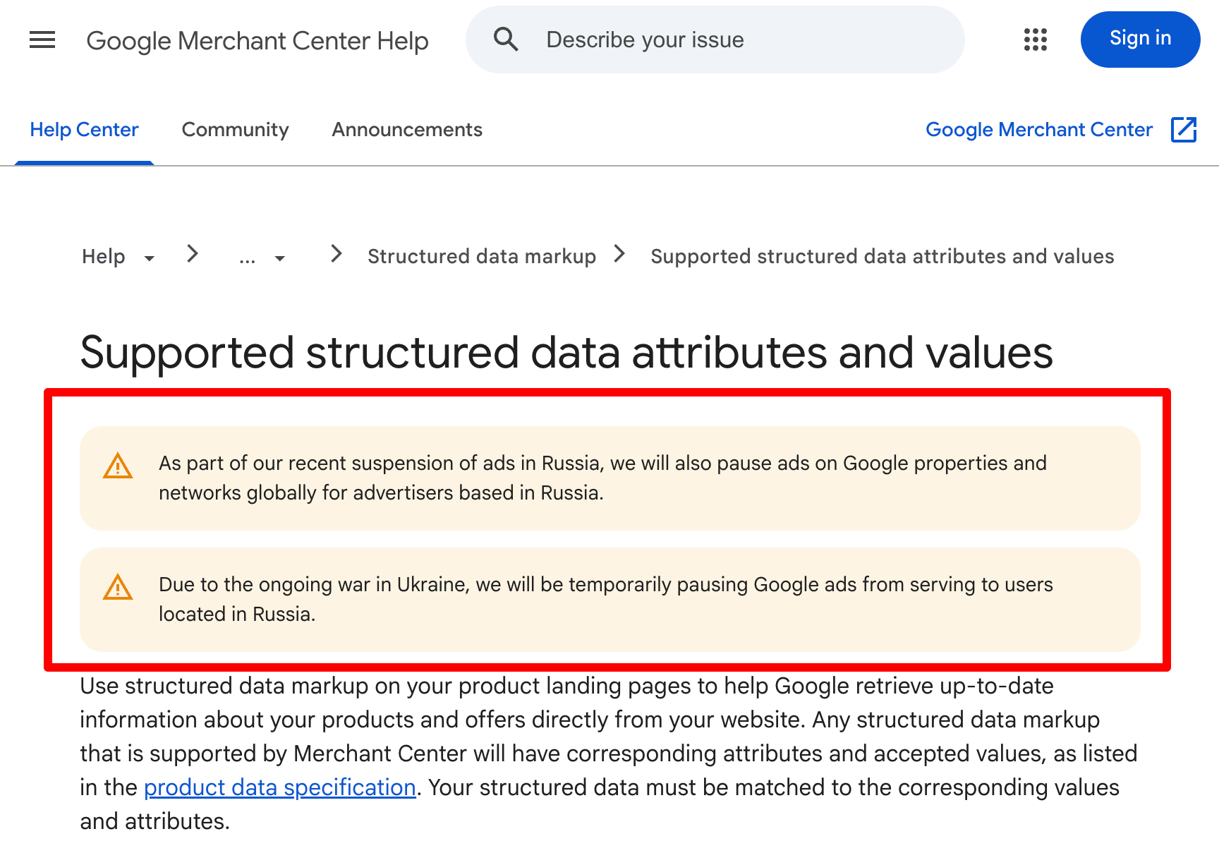 Google Merchant Russia Notice