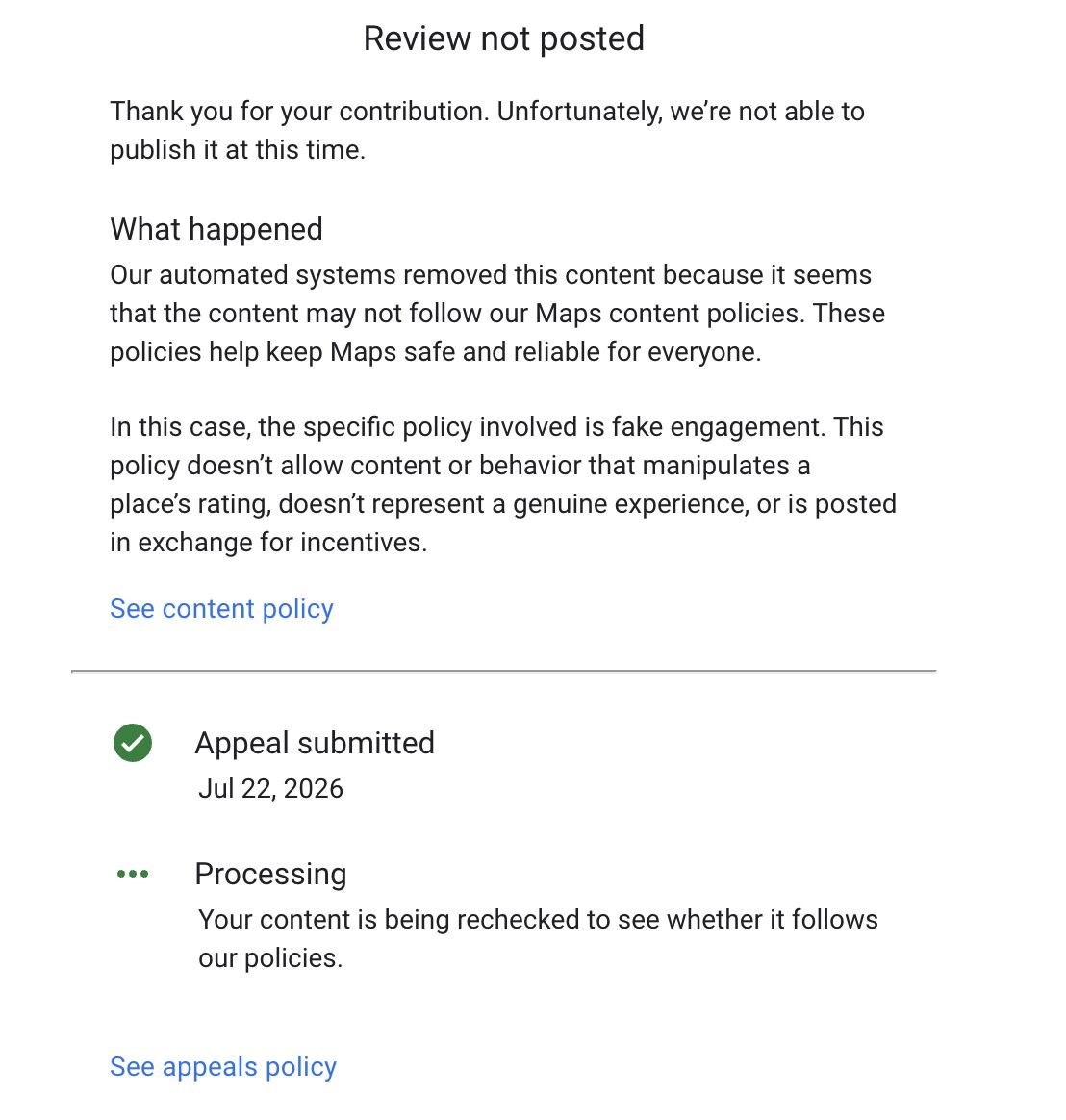 Google Review Not Posted Appeal Submitted