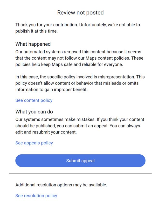 Google Review Not Posted Email