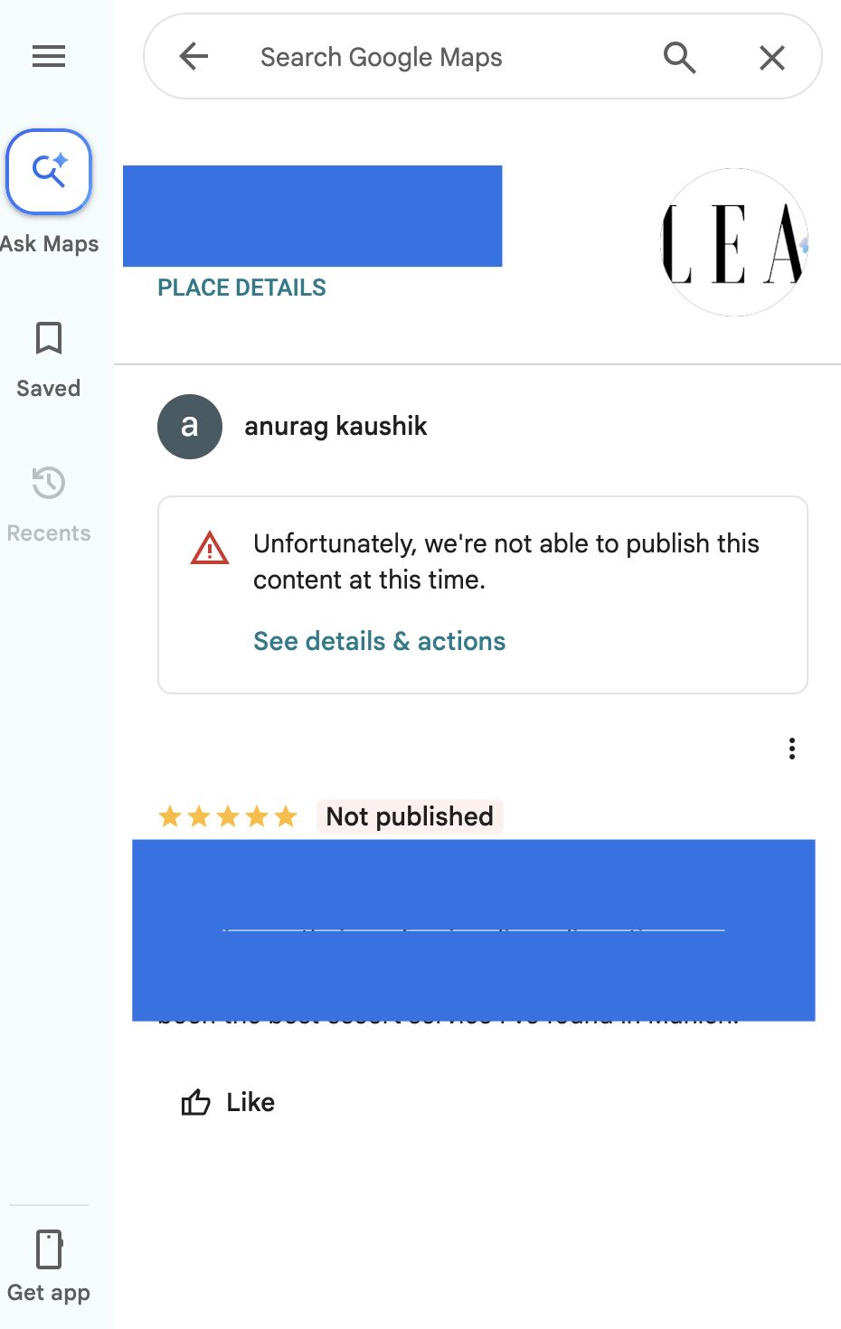 Google Review Not Posted Web
