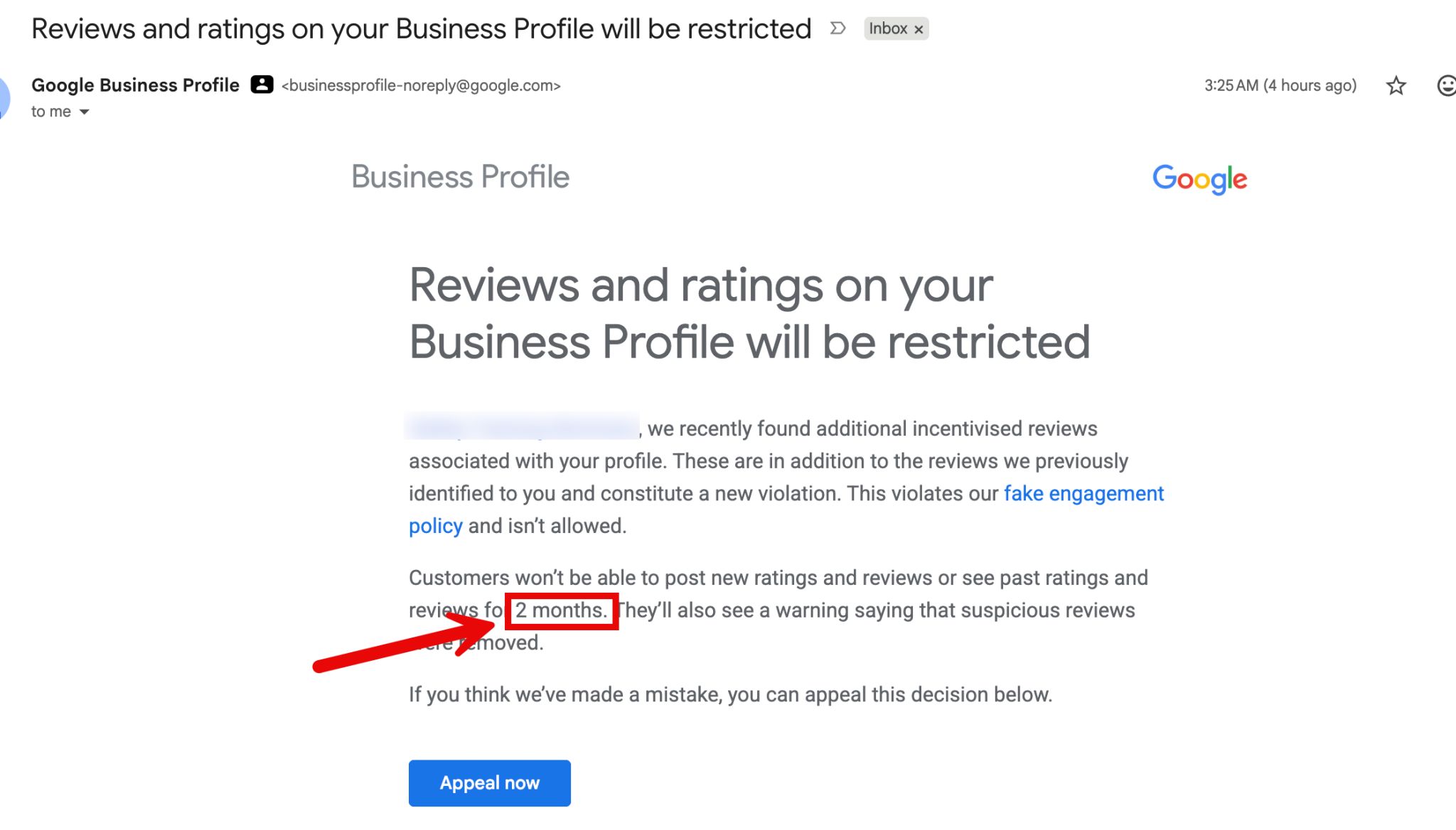 Google Reviews Restriction Email