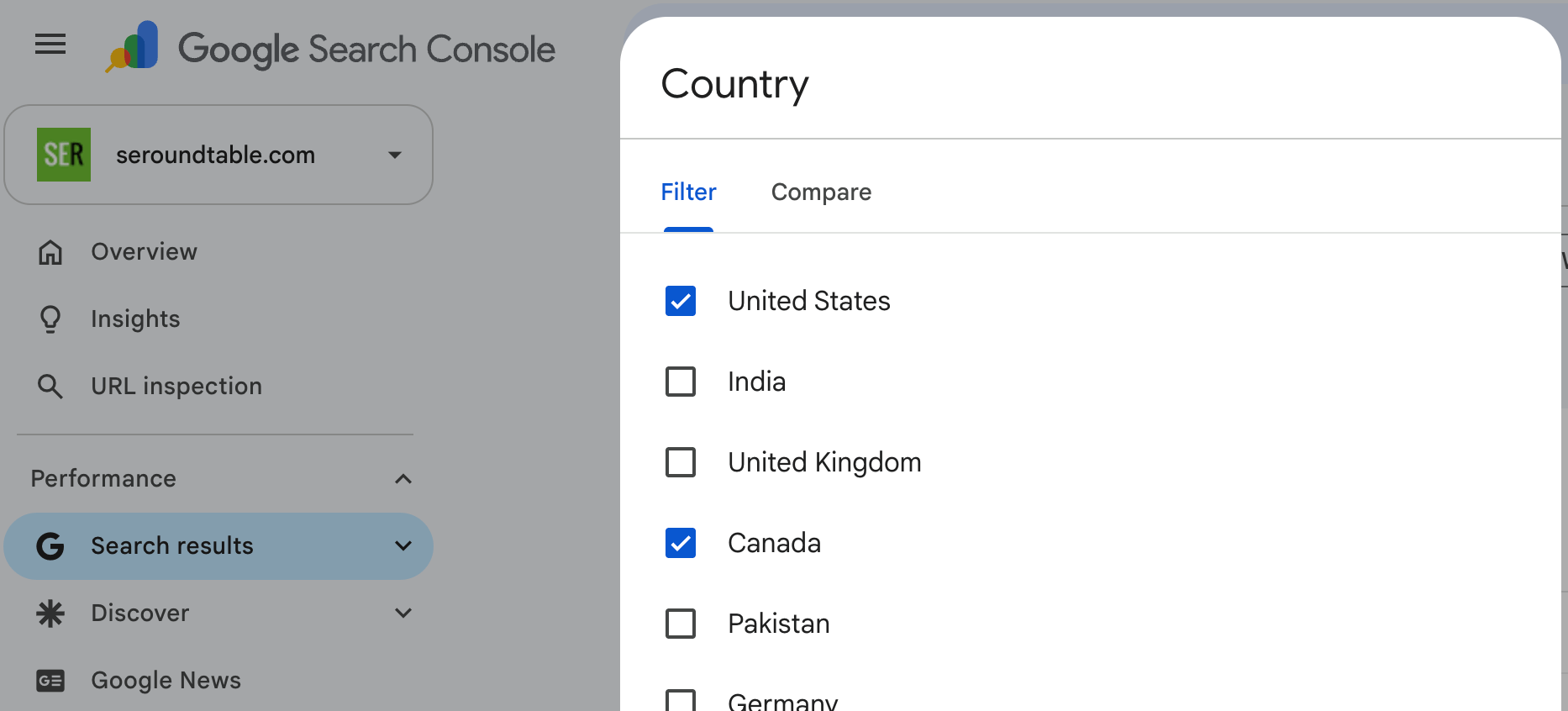 Google Search Console Country Multi Select Filter