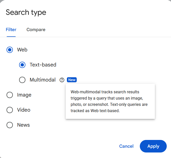 Google Search Console Multimodal Search Type Filter