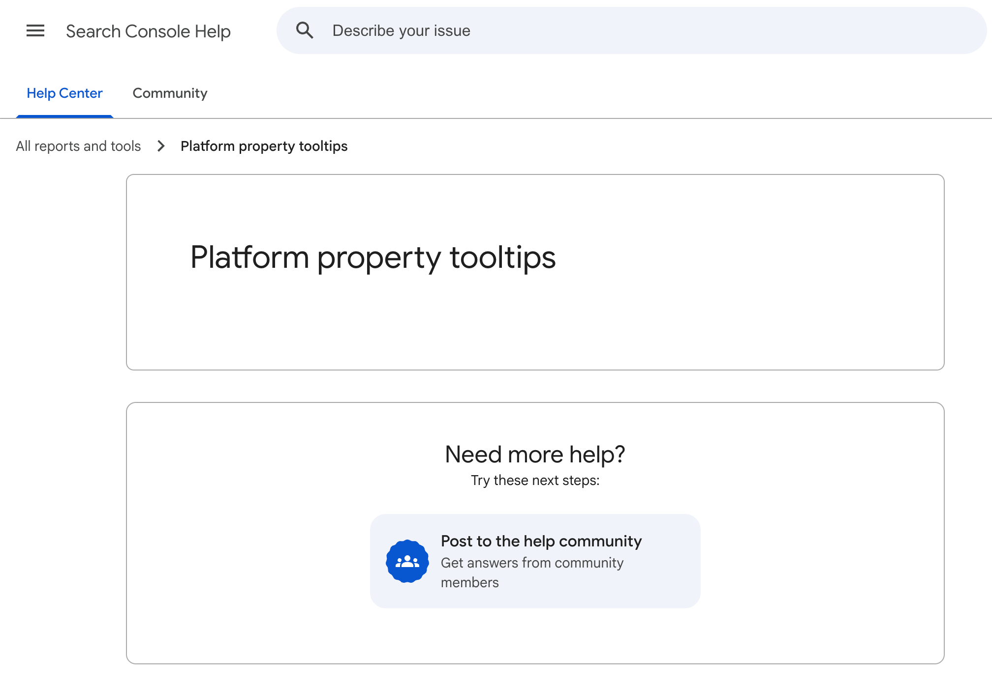 Google Search Console Platform Property Tooltips