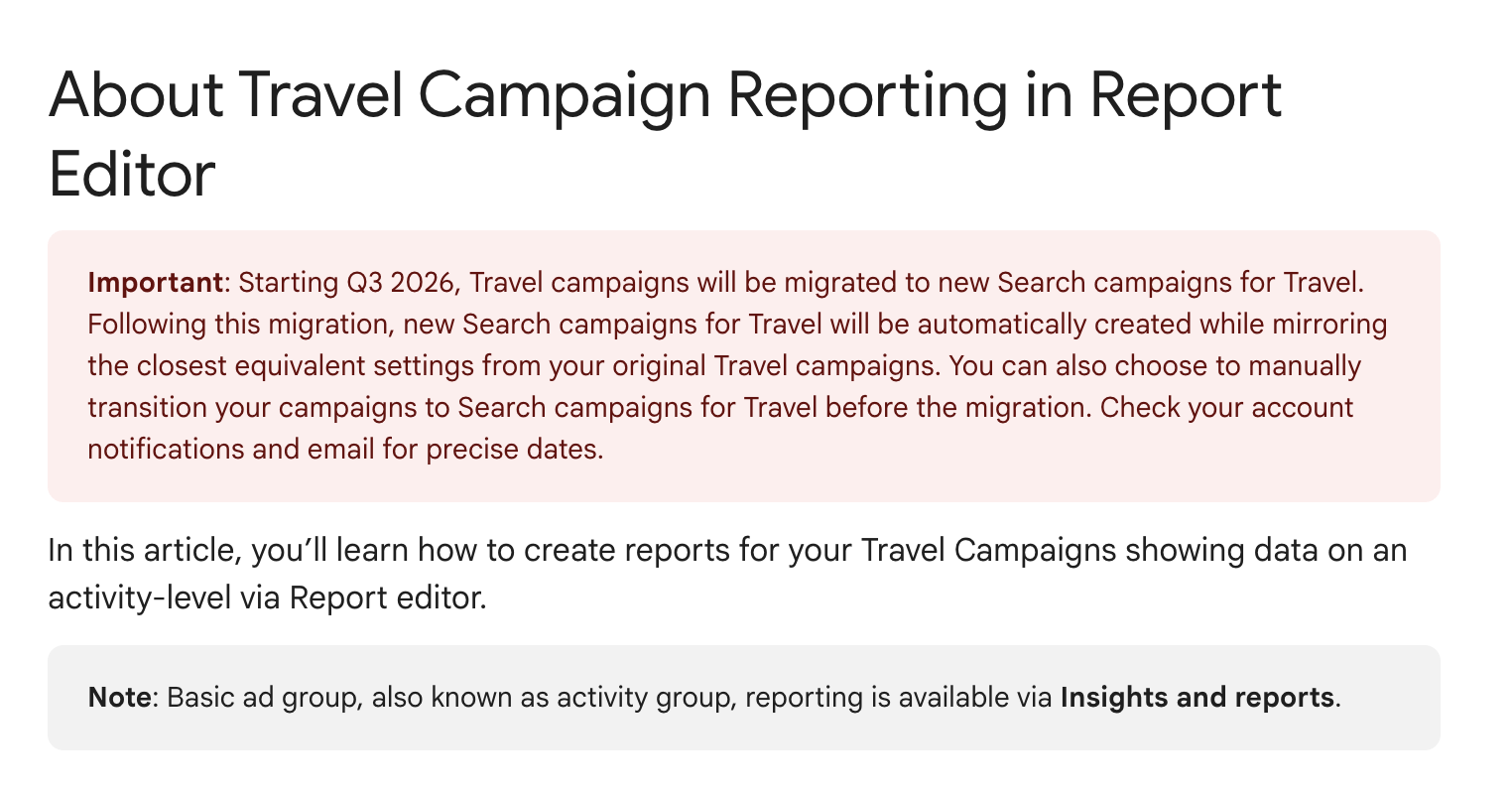 Google Travel Campaigns Noitce