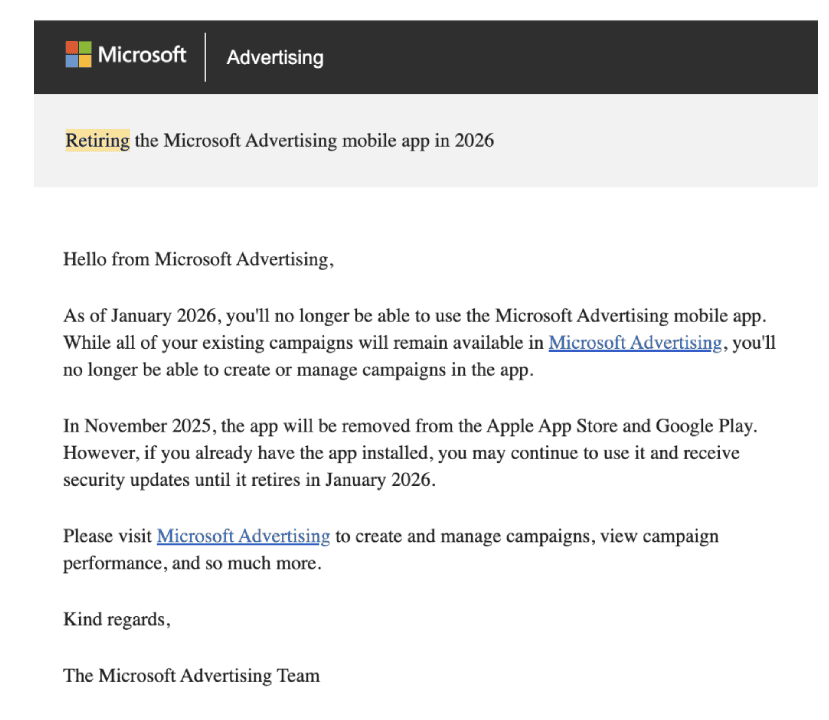 Microsoft Advertising App Retiring Email